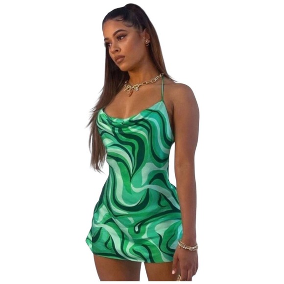 Zara Safia Dress Micro Mini 70s Inspired Criss Cross Straps Abstract Green Small - Picture 14 of 15